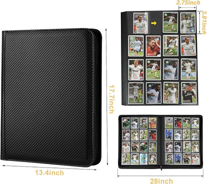 16 Pocket Ringless Side Loading Trading Card Binder, 1024 Cards PU Fixed Page Zipper Card Album for TCG Sports Game Cards, Not Fit Top Loaders (Carbon Black)