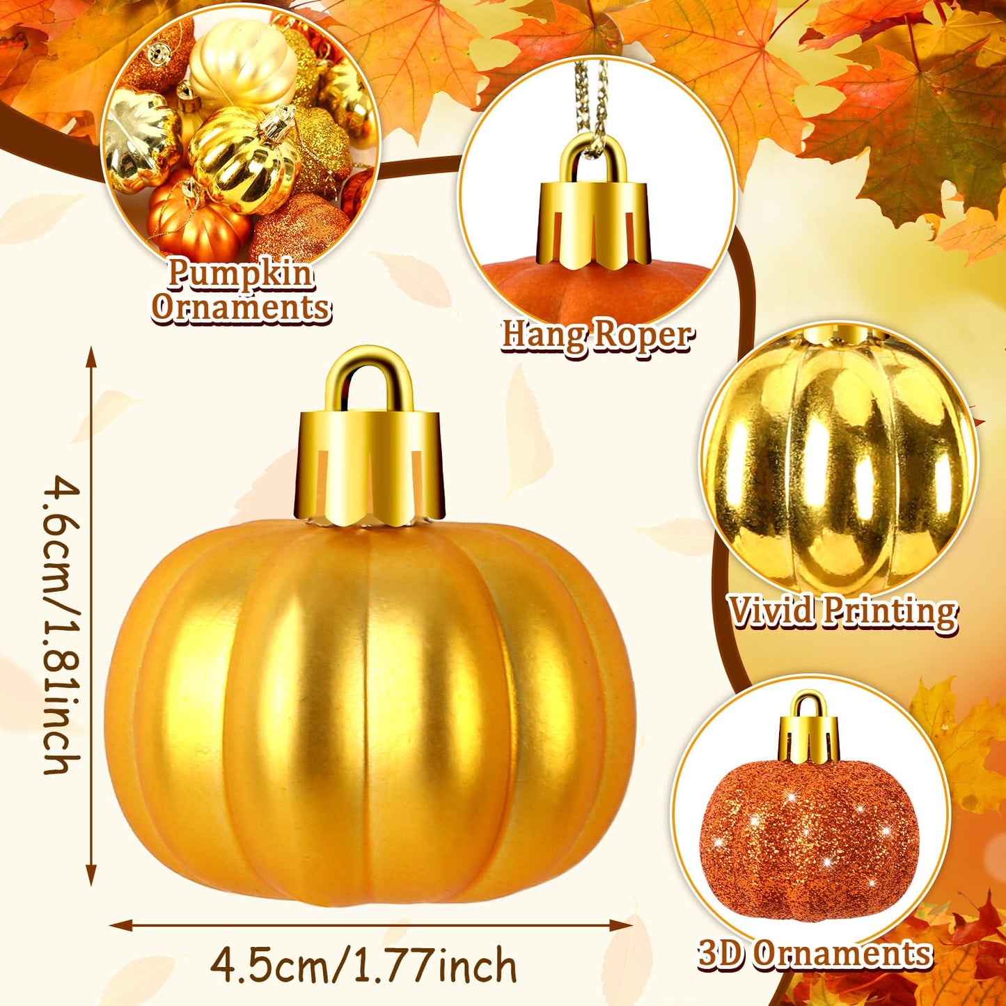 JULMELON 36 Pcs Fall Tree Ornaments, Mini Glitter Pumpkin Hanging Decor