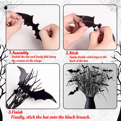Yen Jean 21Pcs Halloween Decorations Black Artificial Branches Picks Decor Berry Stems Tree Glittery Curly with Bats for Flowers Arrangement Floral Bouquet Vase Party Supplies