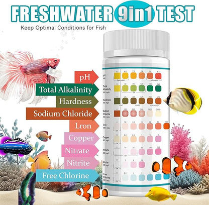 Aquarium Test Strips, 9 in 1 Fish Tank Test Kit for Freshwater Ponds, 150 ct Quick & Accurate Water Testing Iron Copper Sodium Chlorine Nitrate Nitrite Total Alkalinity Hardness Free Chlorine pH