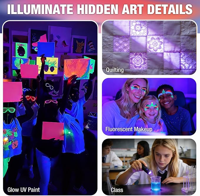 EverBrite UV Blacklight Flashlights 3-Pack Set, 9 LEDs 395nm Mini Black Light for Neon Glow Art, Class Teaching, Scorpions, Pets Stains Urine, 9 AAA Batteries Included