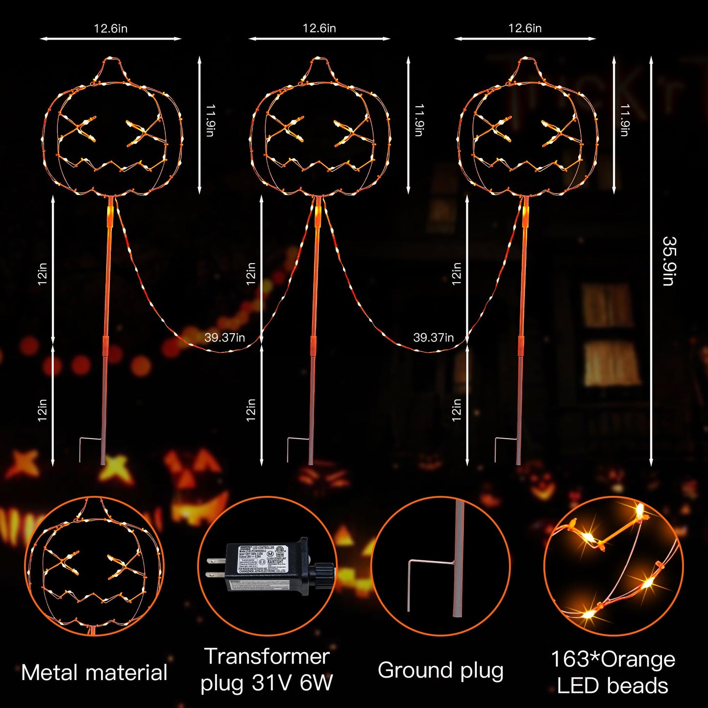 YOUNGAR Halloween Pumpkins Outdoor Lights,3 Pack LED Pumpkin Walkway Lights,Orange Garden Stake String Lights with Timer Memory and 8 Modes for Halloween Party Porch Yard Pathway Decor