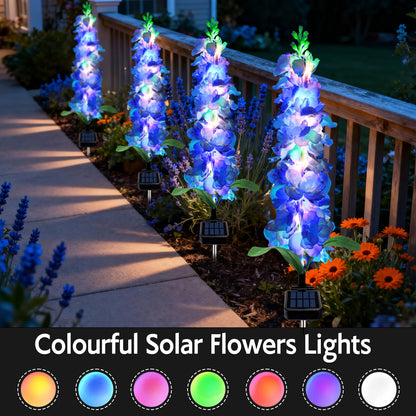 MRHEPHAESTUS Solar Garden Lights, Solar Blue Delphinium Flowers Lights 4 Pack 80 LEDs, Waterproof Outdoor Light Two Lighting Modes for Outside Wedding Party Garden Yard Patio Lawn Decor