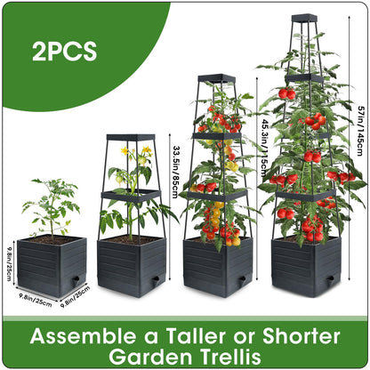 MQFORU 2 Packs Raised Garden Bed Tomato Planter with Trellis, 57" Tomato Cages for Climbing Vegetables Plant, Self Watering Planters Box for Garden Pots for Patio Greenhouse Indoor Outdoor（2PCS）