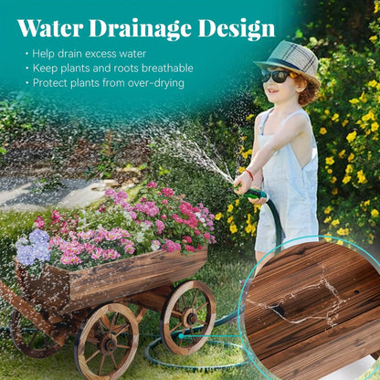 MFSH Wood Wagon Flower Planter Pot Stand W/Wheels Home Garden Outdoor Decor-41INCH