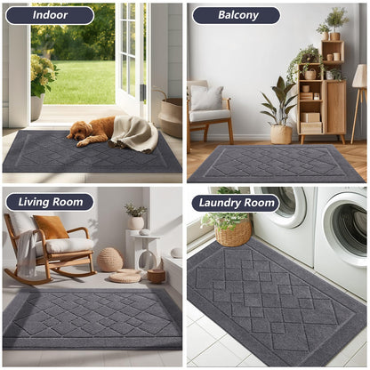 REFETONE Dirt Trapper Door Mat 32" x 40", Washable Indoor Doormat Rubber Backing Non Slip, Resist Dirt and Absorbent Entrance Mat, Low Profile Inside Floor Mats for Front Back Door and Entryway, Grey