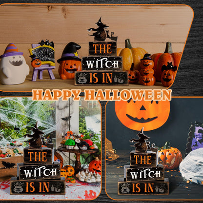 4 Pcs Halloween Table Decor Witch Black Cat Wooden Sign Halloween Tiered Tray Decor Farmhouse Witch Tabletop Centerpiece Rustic Brew Wooden Block Signs for Home Office Kitchen Shelf