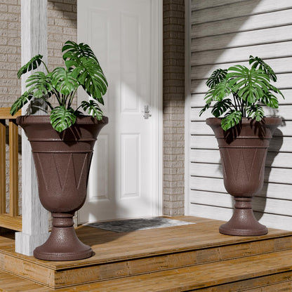 Trygoal 23.6" Tall Plastic Urn Planters for Outdoor Plants, Set of 2 Heavy-Duty Classic Indoor Large Flower Pots with Drainage Holes & Trophy Design, Outdoor Planters for Porch, Home Garden, Brown