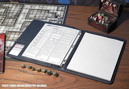 Forged Dice Co. Game-Folio PU Leather Portfolio Binder - Gaming Binder for DND Character Sheets with DND Spell Cards Organizer and Clear Front Pocket - Compatible with Dungeons and Dragons RPG - Blue