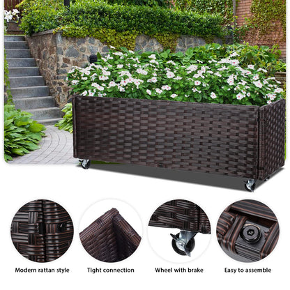 Chonsun Raised Garden Bed with Wheels - Rattan Wicker Elevated Raised Garden Bed Outdoor Raised Planter Box for Vegetables Grass Lawn Yard, 38 x 14.5 x 12 in, Brown