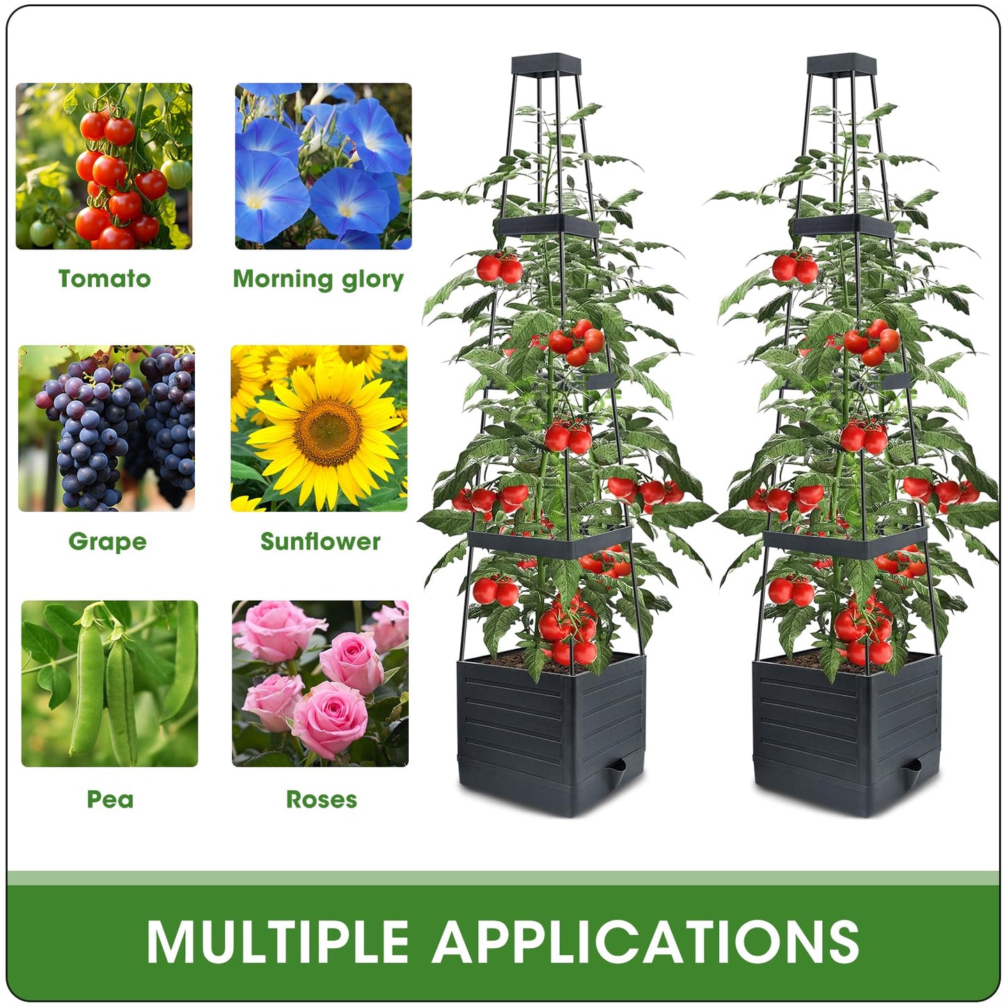 MQFORU 2 Packs Raised Garden Bed Tomato Planter with Trellis, 57" Tomato Cages for Climbing Vegetables Plant, Self Watering Planters Box for Garden Pots for Patio Greenhouse Indoor Outdoor（2PCS）