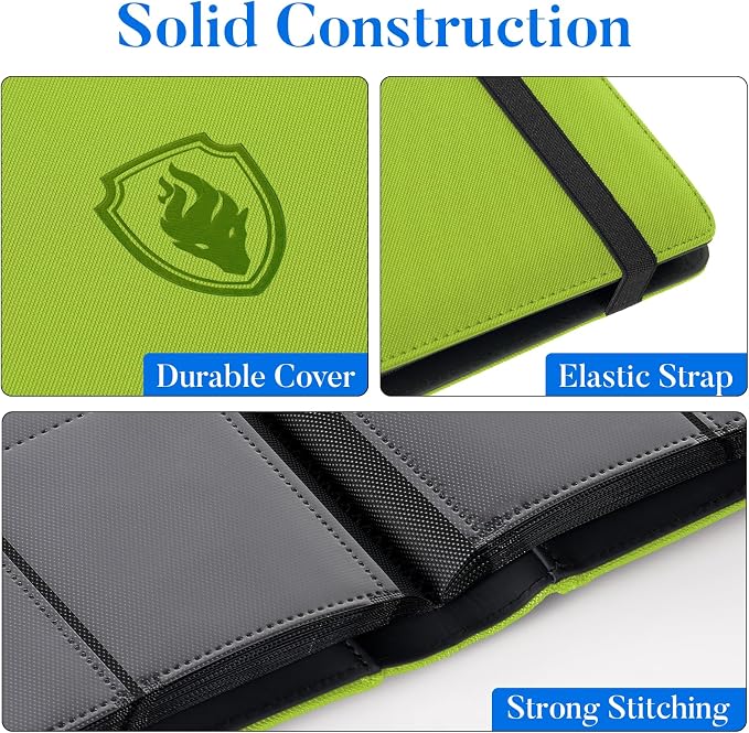 Premium 9 Pocket Card Binder for 360 Cards, Fabmaker PU Cover Trading Card Binder, Sturdy Card Collection Album, Sleek Card Holder Folders for Game Cards & Sports Cards, Green