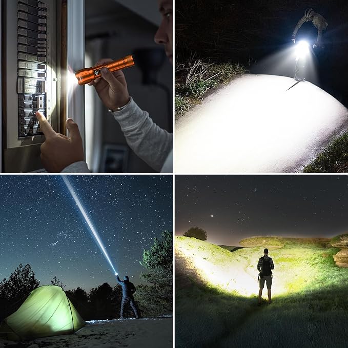 Wdtpro LED Rechargeable Flashlight 2 Pack, 3 Modes Super Bright High Lumens Flashlights, Zoomable Tactical Flash Light with LCD Display, IP65 Waterproof Flashlights for Home Emergency Camping - Orange