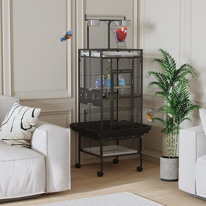 60" Large Wrought Iron Bird Cage with Rolling Stand, Play Top & 4 Stainless Steel Bowls, Metal Parrot Cage for African Grey, Cockatiel, Conure, Lovebird, Budgie, Black