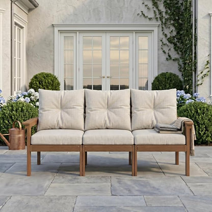 2-Piece Teak Patio Conversation Set, HDPE 3-Seat Sofa with Coffee Table, Teak Frame with Thick Beige Cushions, Outdoor Couch for Balcony