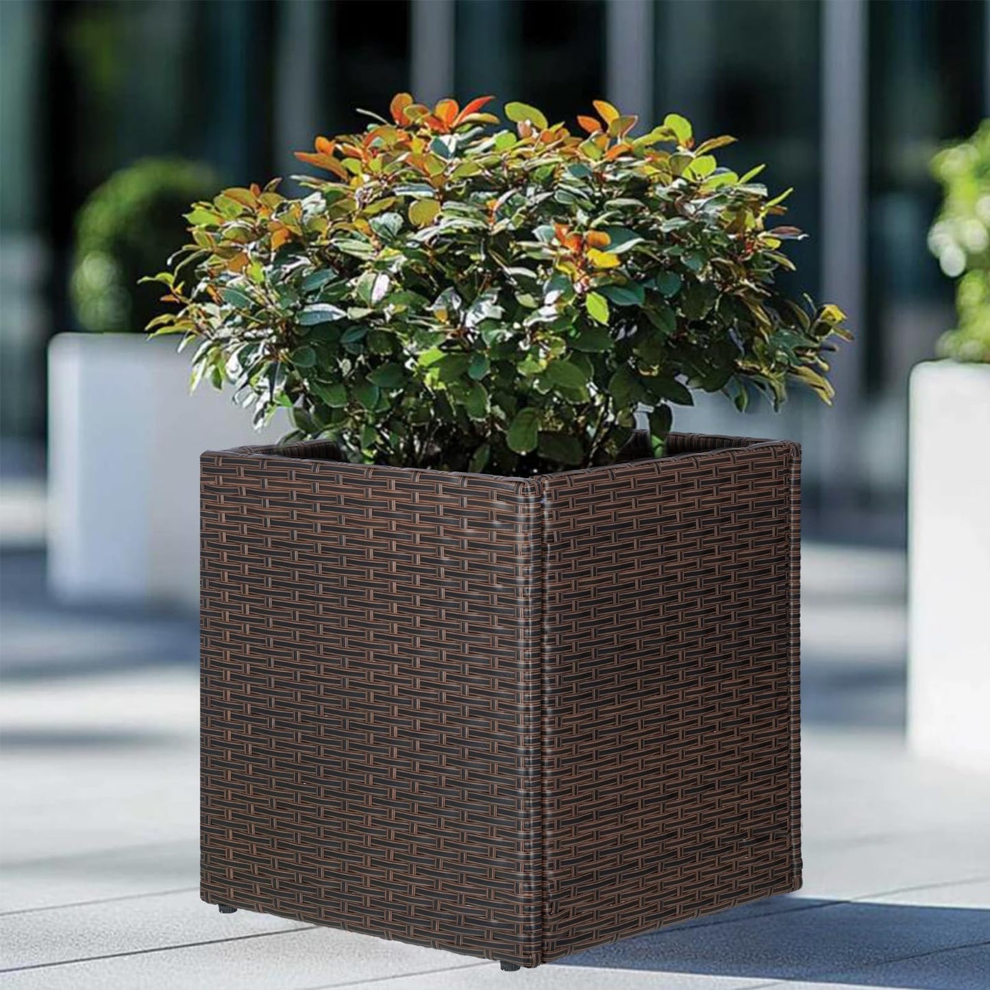 SUNNYPARK Brown Square Planter Box All-Weather PE Rattan Large Modern Planters with Removable Liner Indoor Outdoor Decorative Flower Pot for Patio, Balcony, Garden