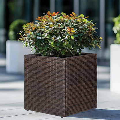 SUNNYPARK Brown Square Planter Box All-Weather PE Rattan Large Modern Planters with Removable Liner Indoor Outdoor Decorative Flower Pot for Patio, Balcony, Garden