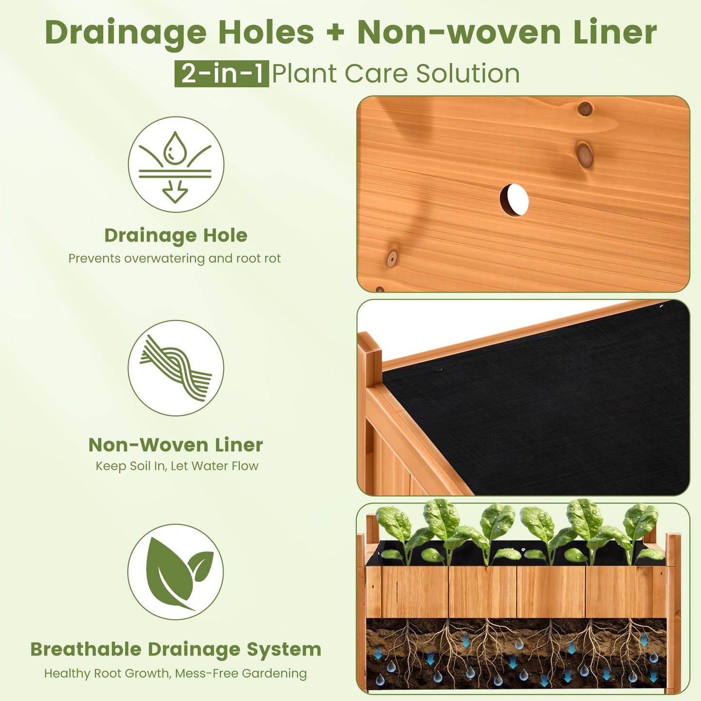Ultym Set of 2 Wooden Planter Boxes Outdoor, 16.1" Square Fir Wood Flower Planters with Liner, Drainage Holes & Removable Bottom Board, Natural Wood Outdoor Bucket Planter for Patio Porch Yard Garden