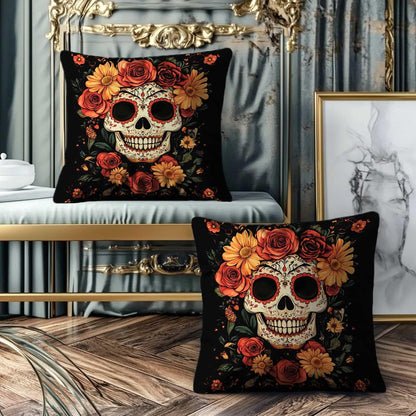 FexNuvko Sugar Skull Throw Pillow Covers 18x18 Set of 2, Day of the Dead Skull Floral Cushion Covers, Gothic Boho Decorative Pillowcase for Sofa Couch Living Room, Halloween Fall Home Decor
