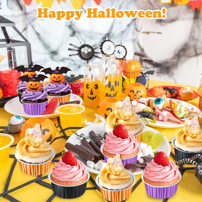 Gandeer 200 Pack Aluminum Foil Cupcake Liners with Lids, 5 oz Round Baking Cup, Disposable Ramekin Container for Graduation Wedding Independence Day Party(Purple, Orange, Black,Halloween)