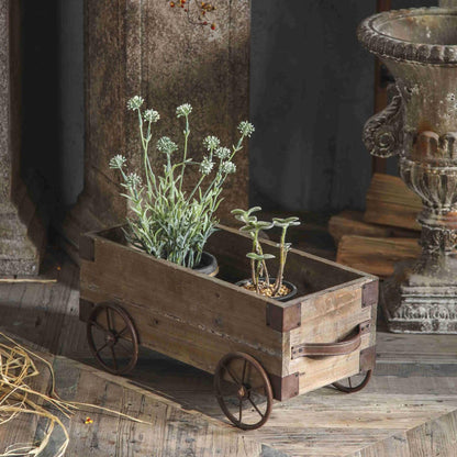 TerkCo Rustic Wooden Wagon Planter, Distressed Wood with Metal Wheels, Farmhouse Style Outdoor Patio Flower Pot,Garden Backyard Planter