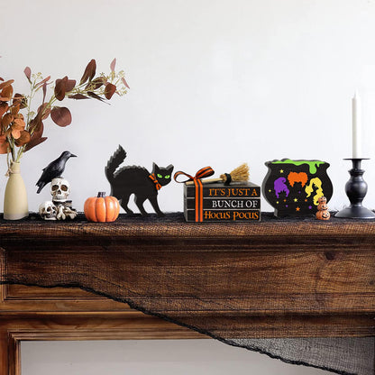 5PCS Halloween Wooden Signs Hocus Pocus, Decorative Wooden Faux Books Stack Black Cat Wood Table Signs, Cauldron Witches Sisters Halloween Tiered Tray Decor for Halloween Party Home Decorations