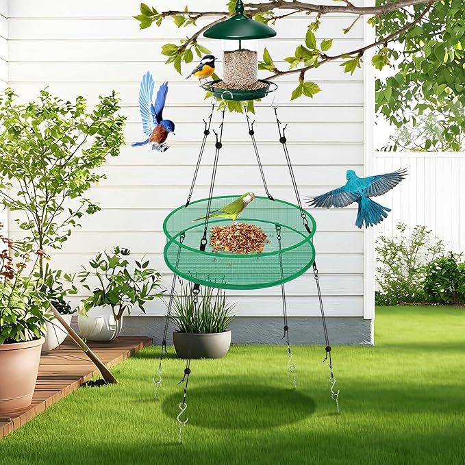 2 Pcs Bird Seed Catcher for Outdoor Feeders, 20" Hanging Bird Feeder Seed Catcher Platform with Adjustable Hanging Hoop for Hummingbird Bee Feeder Outdoor Garden Backyard Accessories(Green)