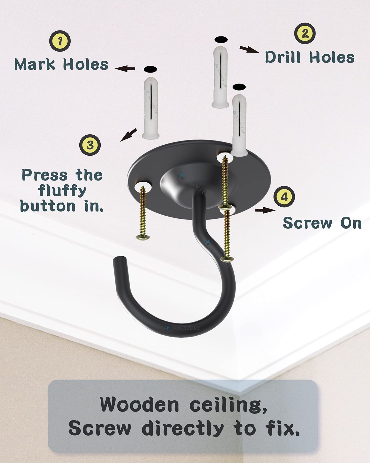 NACETURE Ceiling Hooks for Hanging Plants 3 Pack - Plant Hanger Indoor Hanging Hooks Metal Plant Bracket Iron Lanterns Hangers for Wind Chimes (Black 3 Pack + Chain)