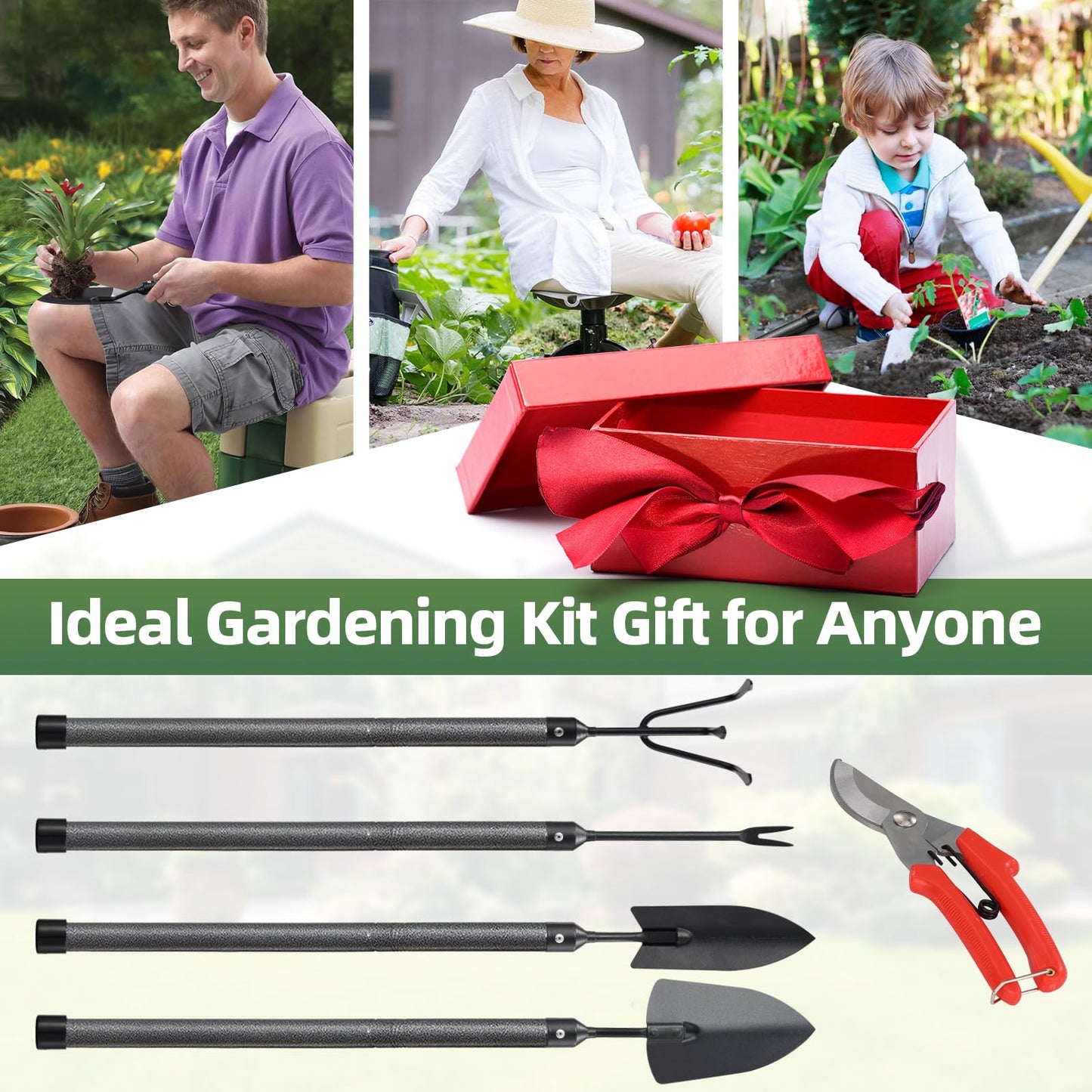 Garden Tool Set, 5Pcs Garden Tools with Extensions, Heavy Duty Rustproof Metal Gardening Tool Shovel Weeder Tiller Pruning Shear Gardening Supplies Garden Gifts for Women Kids