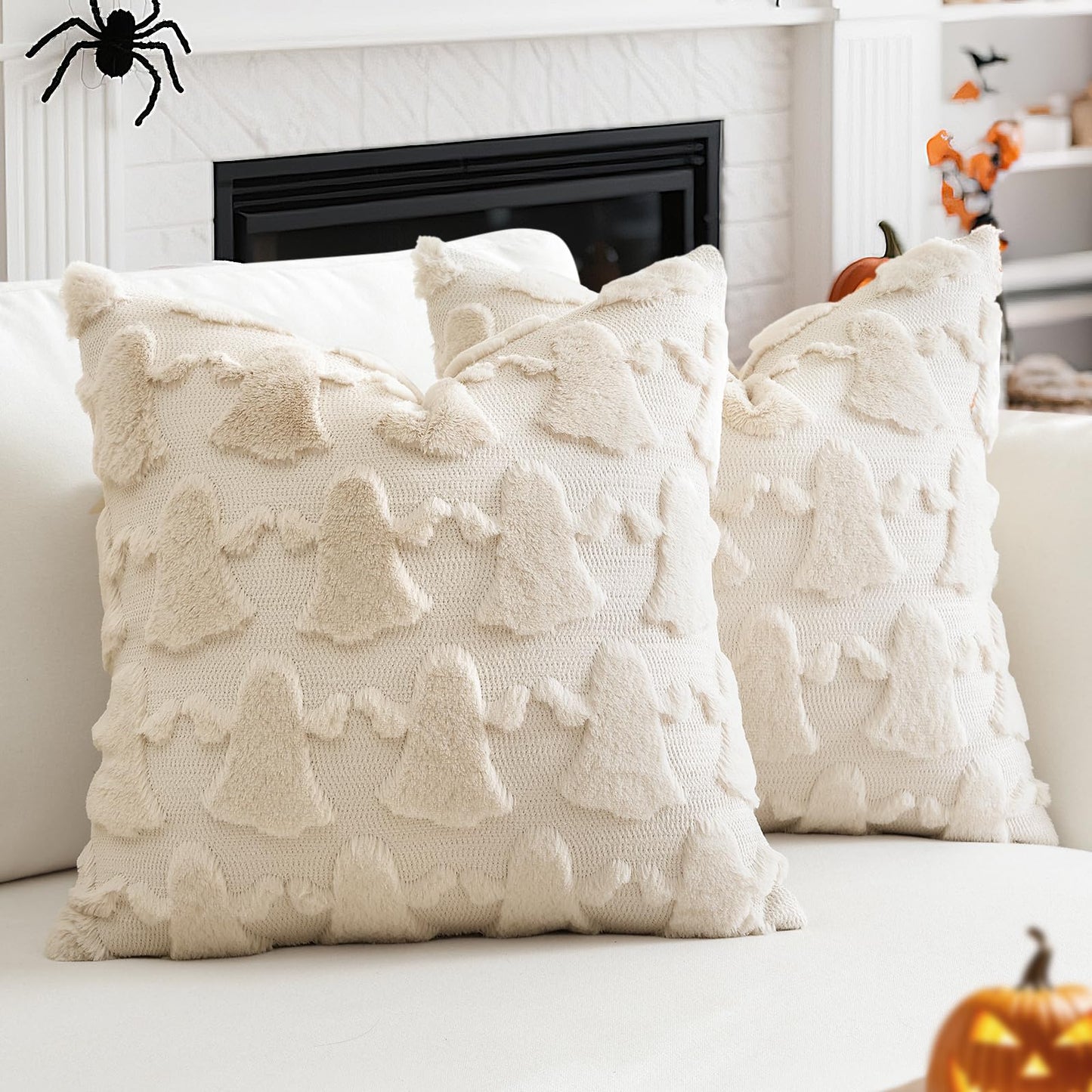 OTOSTAR Set of 2 Ghost Pillow Covers Halloween Throw Pillow Covers for Sofa Couch Bed Living Room Soft Plush Short Wool Velvet Farmhouse Throw Pillow Covers for Thanksgiving Cream Beige 14x14 Inch