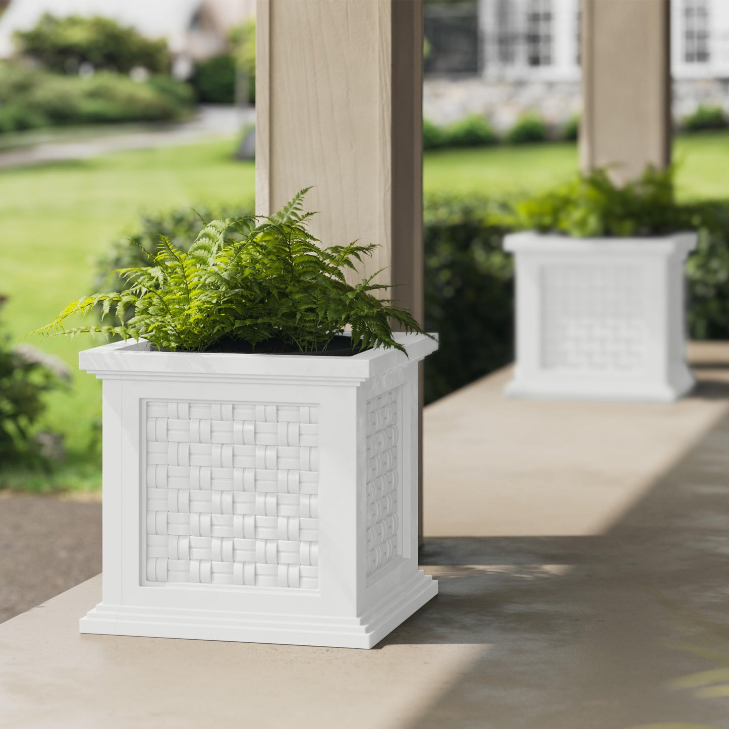 Rattan Style Outdoor Planter Box - 14.65-Inch-Square Decorative Flower or Plant Pot - Garden, Patio and Front Porch Decor by Pure Garden (White)