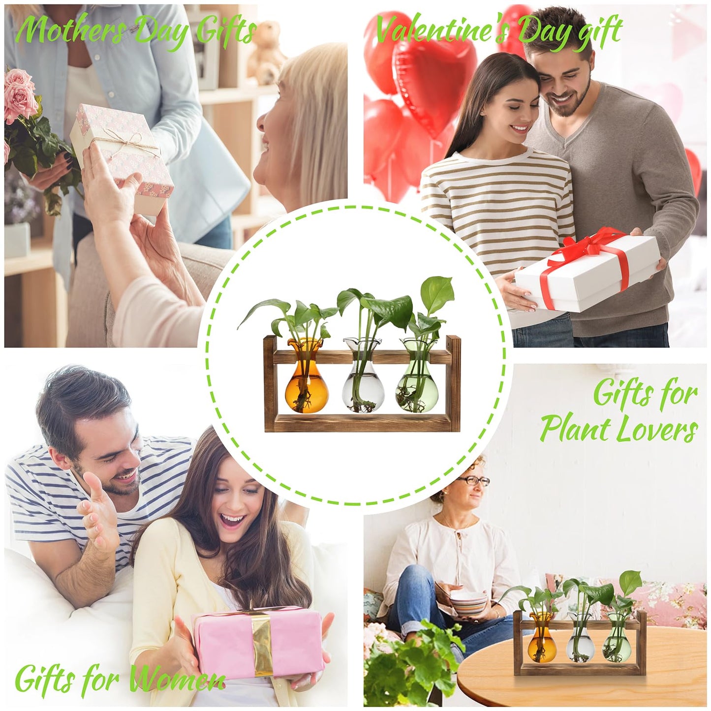 Plant Propagation Station Plant Terrarium Unique Birthday Gifts for Women Home Office Decor Planter with Wooden Stand - 3 Bulb Glass Vase