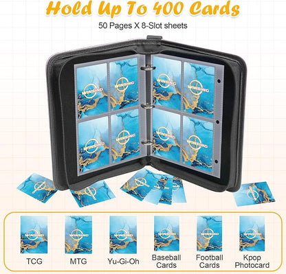 Card Binder 4 Pocket, 400 Pockets Card Holder Compatible with Game Cards Gift for Girls, Trading Card Binder Album Case Book Storage For Photocards, Small,Marble Blue