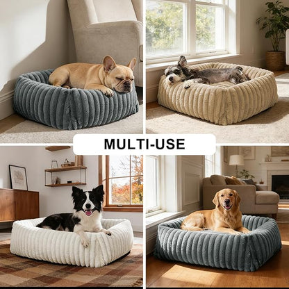 FURTIME Dog Bed for Small Medium Dog, Washable Orthopedic Pet Bed with Removable Cover, Rectangle Soft Calming Sleeping Puppy Bed Durable Pet Cuddler with Anti-Slip Bottom, Beige, M (25"x21"x7")