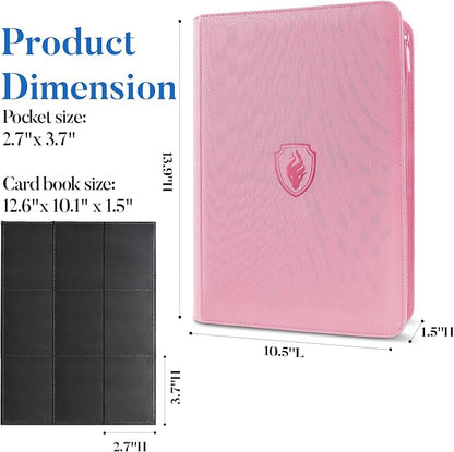 Premium Zip Card Binder, Fabmaker 9 Pocket Trading Card Binder, PU Cover Zipper Card Collection Album, Sturdy 360 Side-Loading Card Folder Holder for Game & Sports Cards, Pink