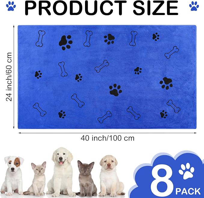 Chumia 8 Pcs Dog Towels for Drying Dogs Cats Pet Towels Bulk Puppy Microfiber Fast Drying Paw Bath Bathing Supplies Absorbent for Medium Pets(40 x 24 Inch,Dog Paw and Bone,Dark Blue)