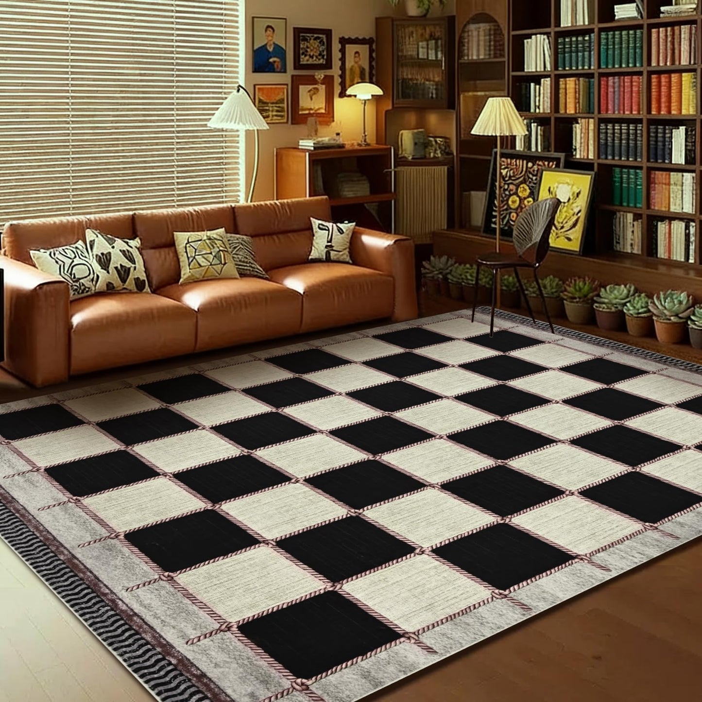 Yinhua Checkered 5x7 Area Rugs Black Farmhouse Washable Area Rug for Living Room Non Slip Soft Faux Wool Distressed Rugs for Bedroom, Classic Checkerboard Throw Rug for Nursery Office Playroom