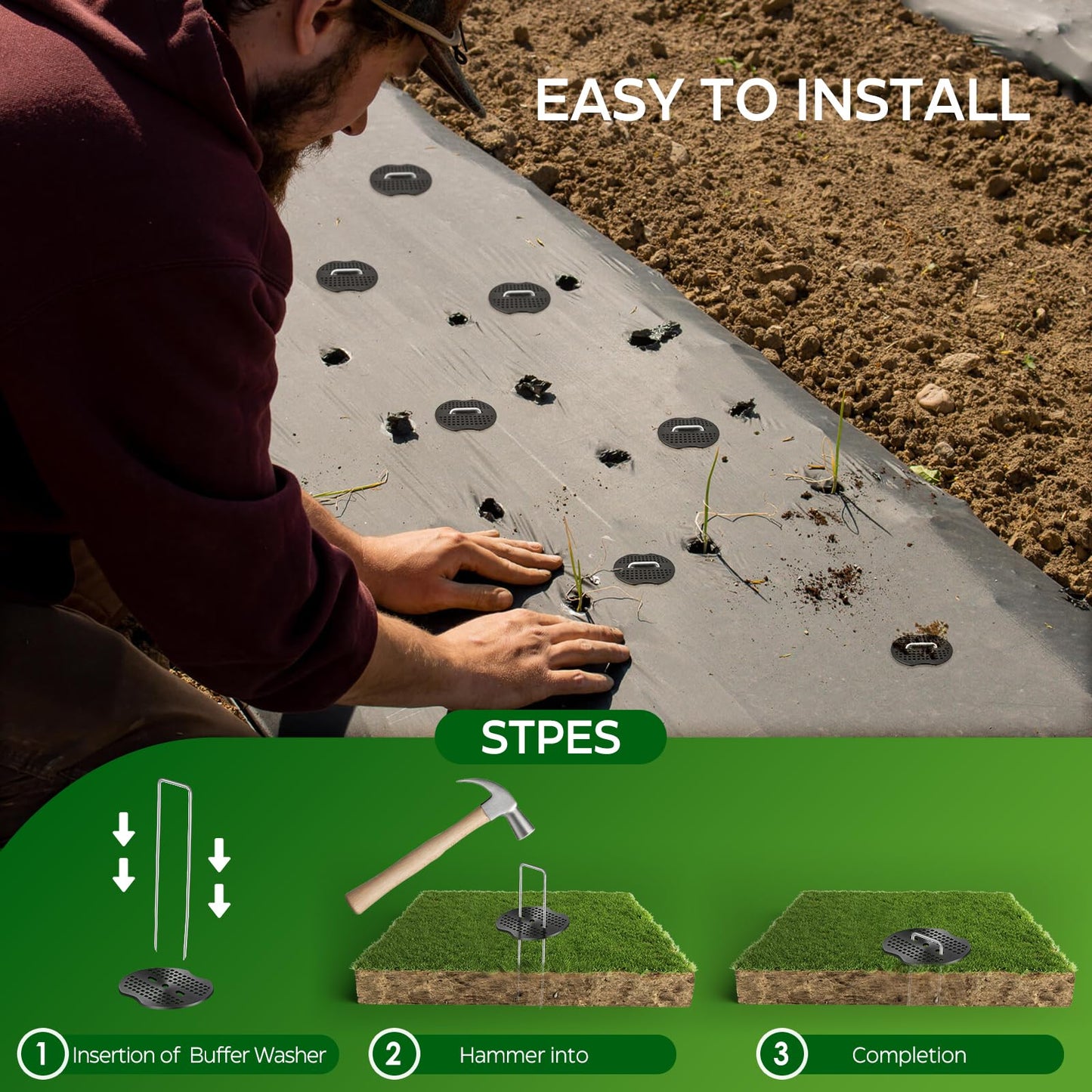 100 Pcs Garden Stakes Landscape Staples Set, 6 Inch 11 Gauge Heavy Duty Galvanized 50 U-Shaped Pins with 50 Gaskets for Weed Barrier Fabric, Grass Sod, Artificial Turf & Yard Landscaping
