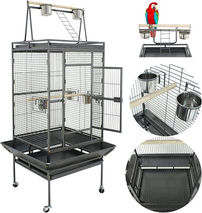 68 inch Iron Bird Cage, Play Top Parrot Cage with Rolling Stand for Parrot Cockatiels Parakeet Cage Macaw Finch Cockatoo Perch Pet House, Black
