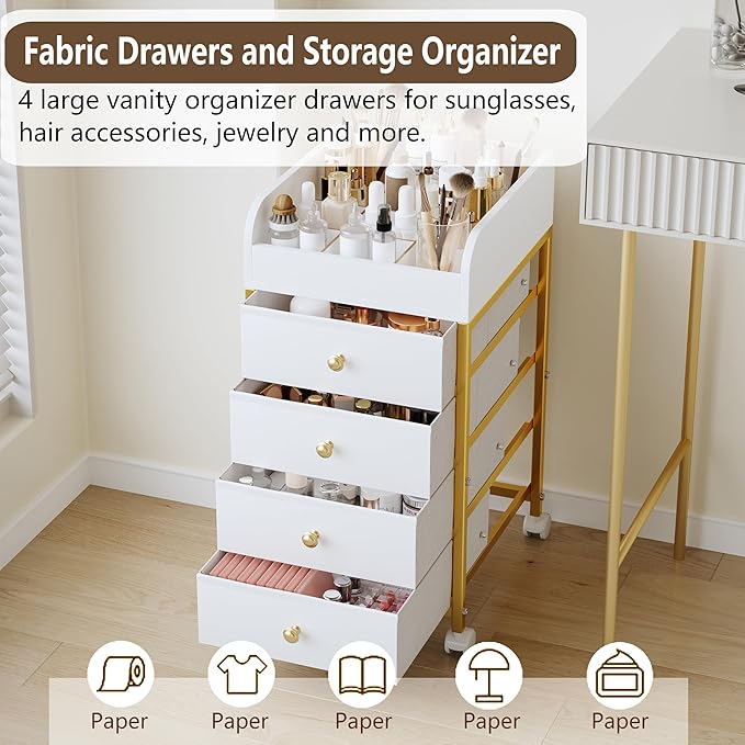Rolling Makeup Organizer Cart - Under Desk Vanity Cart with 4 Fabric Drawers, Makeup Bathroom Storage Cart Cosmetic Display Cases for Nail Polish Brush Hair Tool