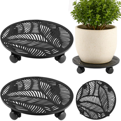 Planterhoma 2 Packs 12 Inch Large Metal Plant Caddy with Wheels Heavy-duty Rolling Plant Stand with Casters Flower Pot Mover Roller Base Flower Pot Dolly Coaster Trolley, Tropical Leaf