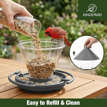 Kingsyard Wild Bird Feeder for Outdoors Hanging, No-Waste Tray with Seed Guard & Circular Perch, Garden Yard for Cardinal Finch, 4 lb Large Capacity, Grey