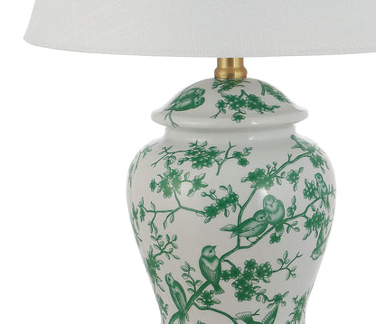 JONATHAN Y 22" White/Green Ceramic Table Lamp, French Country Chinoiserie Ginger Jar LED Bedside Lamp for Living Room Bedroom, White Linen Shade (JYL3005B)