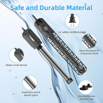 FREESEA Aquarium Heater for Fish Tank: 100W/200W/300W/500W Submersible Fish Tank Heaters with Over-Temperature and Off-Water Protection for 10-20 Gallon Saltwater and Freshwater