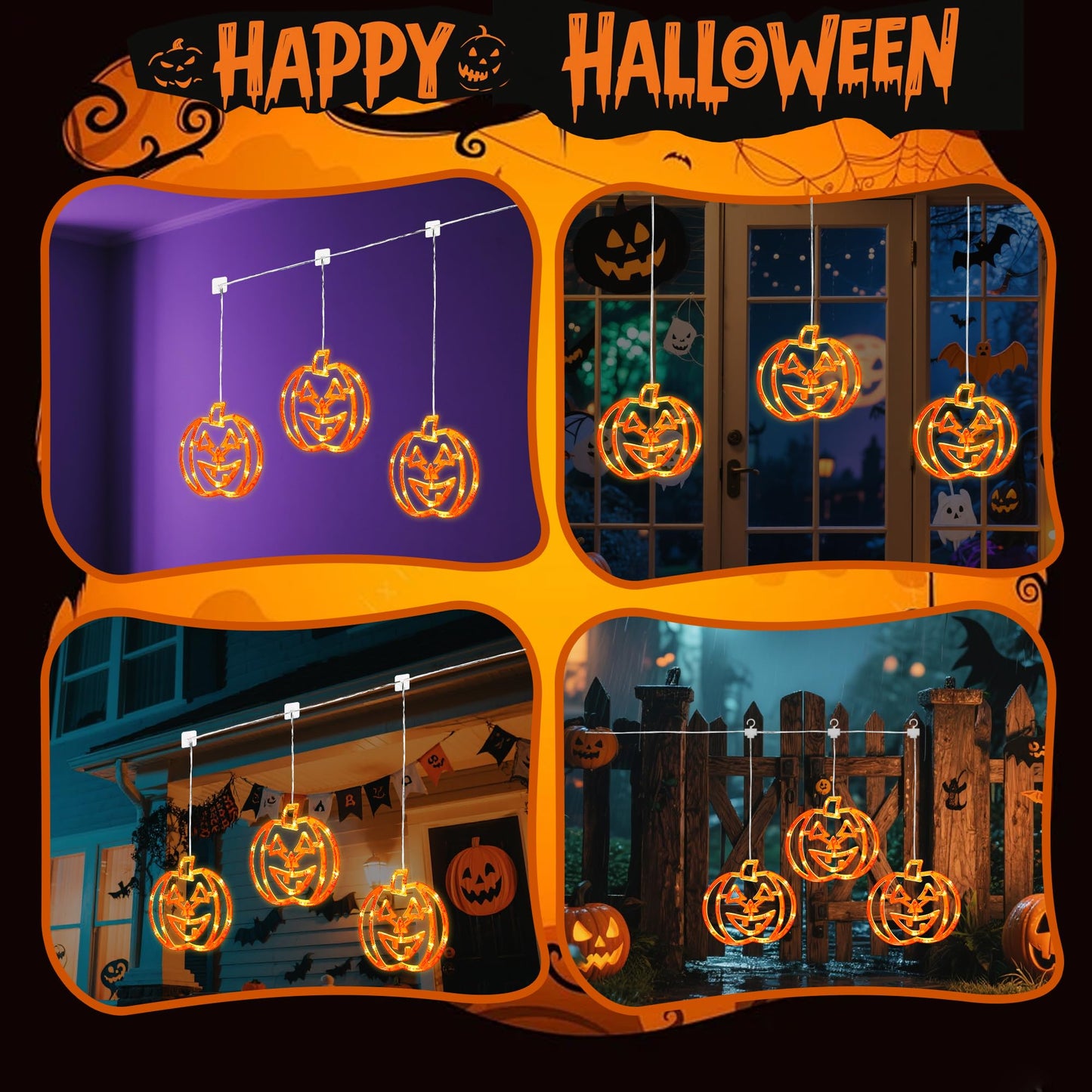 woohaha Halloween Window Lights,48LED 3 Pumpkin Curtain String Lights USB/Battery Operated,Hanging Light for Indoor Outdoor Bedroom,Room,Wall,Party,Holiday Decorations(Orange)