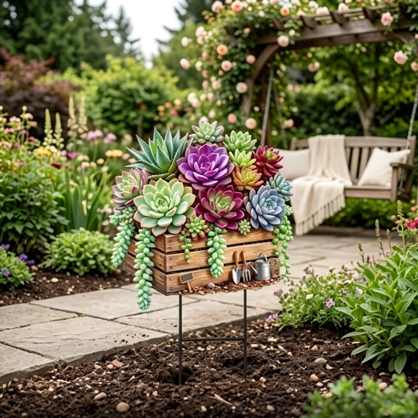 Tooyuart Spring Outdoor Yard Decor, 20" Flat Metal Succulent Crate Garden Stake, Weatherproof Rustproof Yard Sign with H-Shaped Base, Durable Gardening Gift