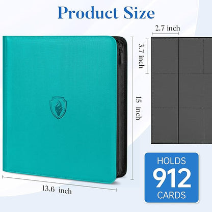 Premium Zip Card Binder 12 Pocket, Fabmaker 912 Pockets Trading Card Binder, PU Zipper Card Collection Album, Sturdy Side-Loading Card Book Holder for Game & Sports Cards, Teal