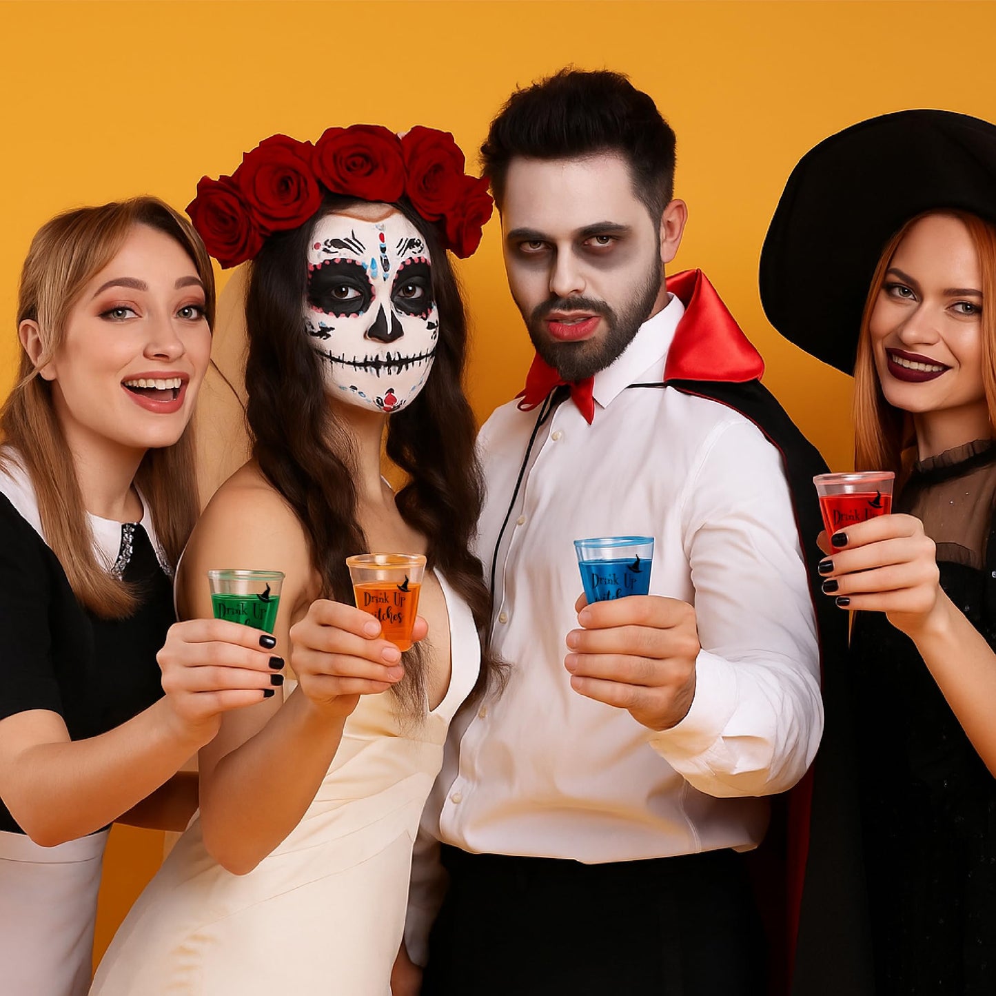 Drink Up Witches (Both Sides) Halloween Shot Glasses Disposable Set of 100, 2oz Each, Plastic Jello Halloween Shot Cups for Spooky Party Drinkware - Ideal Horror Glasses For Drinking Decorations