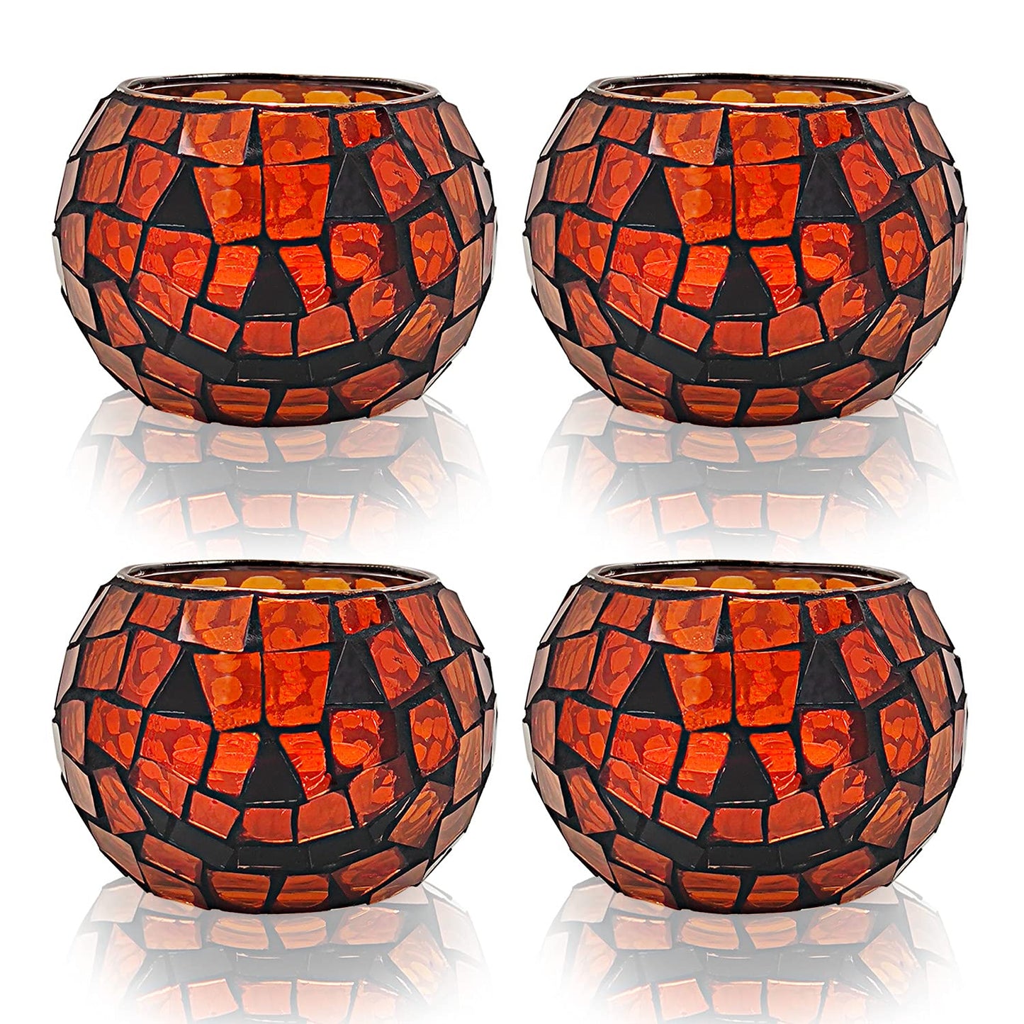 SHMILMH Halloween Candles Holder Set of 4, Grimace Tealight Holders, Handmade Mosaic Pumpkin Glass Votive Candle Holders for Halloween Table Centerpiece Home Decor