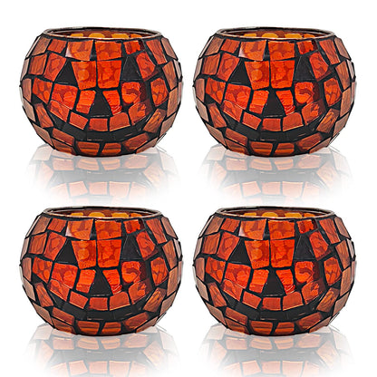 SHMILMH Halloween Candles Holder Set of 4, Grimace Tealight Holders, Handmade Mosaic Pumpkin Glass Votive Candle Holders for Halloween Table Centerpiece Home Decor